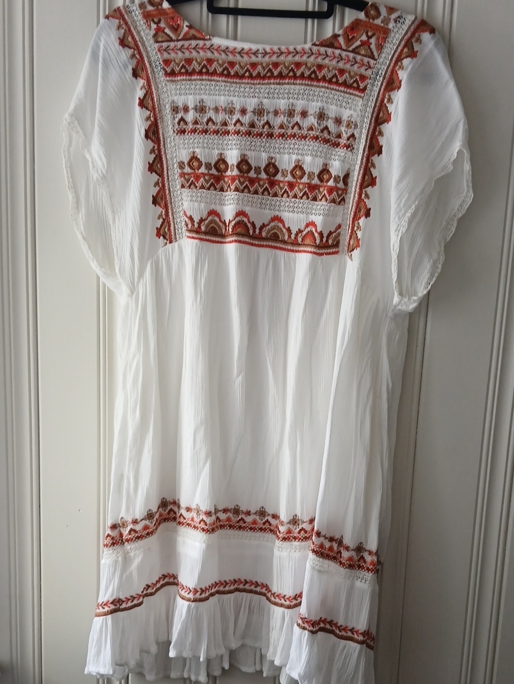 Free People Embroidered White Boho Tunic Dress - White with Rust Accents